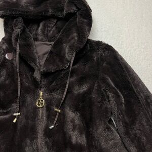 IMAN Faux Fur Jacket Womens Medium Brown Hooded Full Zip Plush Coat Luxury Style